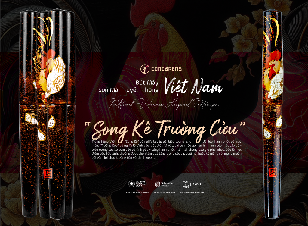 Vietnamese Lacquer Fountain Pen - "Song Ke Truong Cuu" showcases the lacquer artistry through inspiration from a familiar pair of chickens with the Vietnamese people