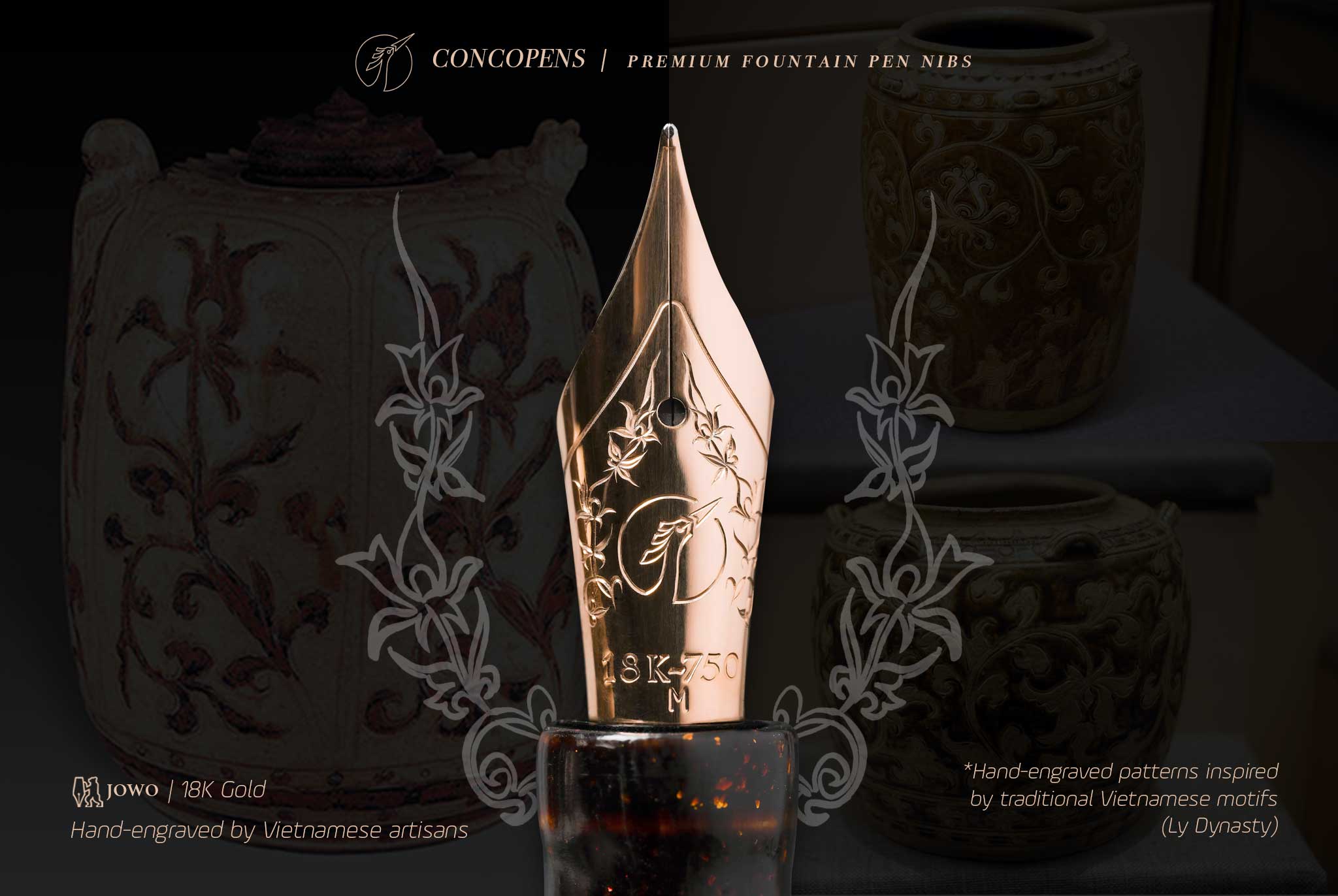 The decorative patterns are hand-engraved, inspired by the motifs of the Ly Dynasty.