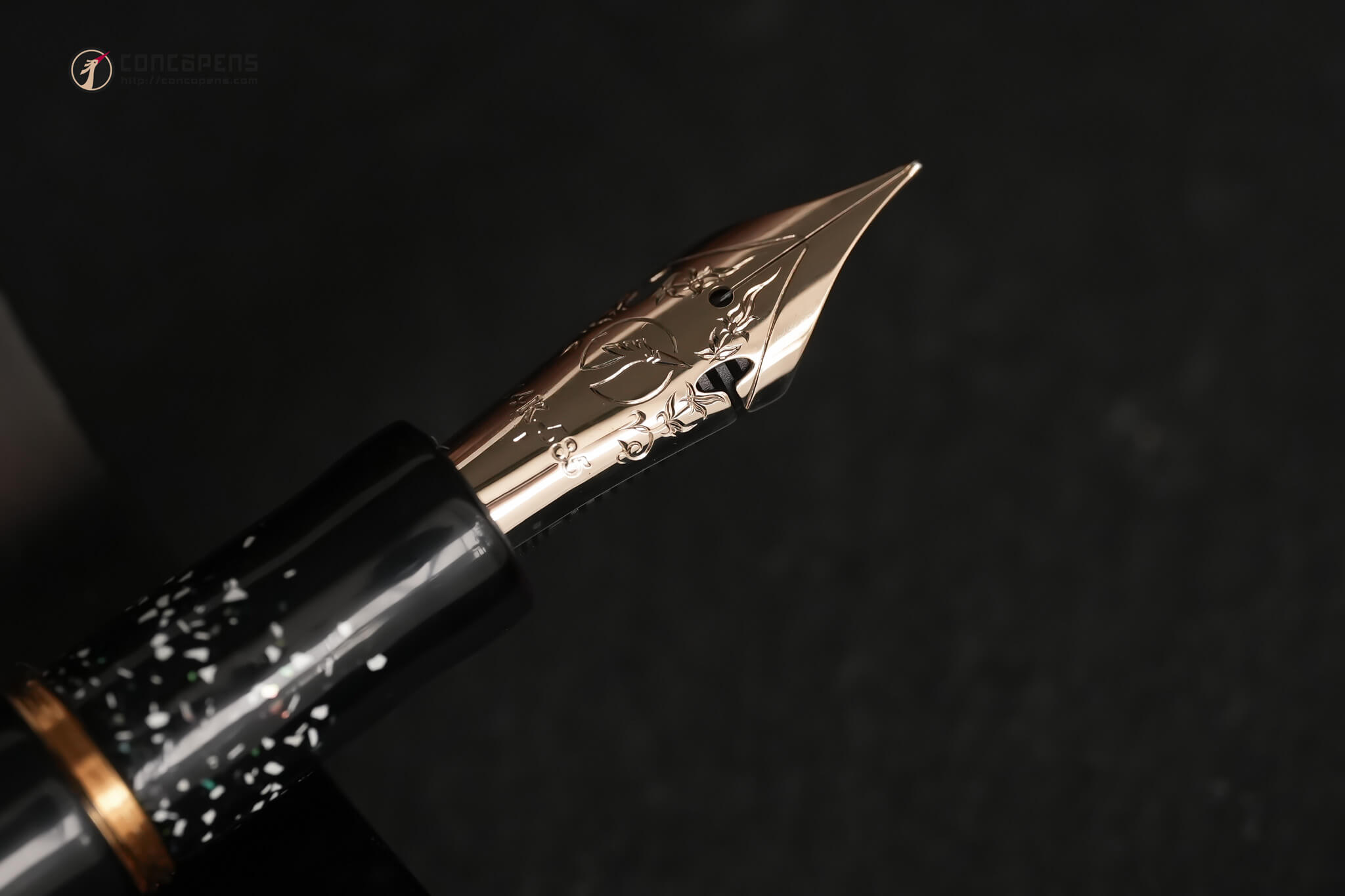 The fountain pen comes standard with a 24K gold-plated steel nib. However, it can be easily upgraded to a 14K gold Flex nib or an 18K gold nib from ConCoPens, allowing users to elevate their writing experience with precious metals.